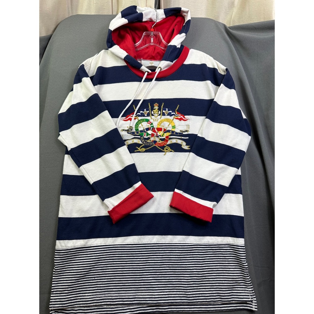 Vintage Folette Nautical Striped Hoodie Navy White Red Crest Small Sweatshirt